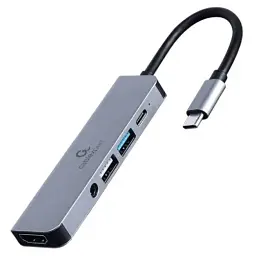 Хаб USB Cablexpert "5-in-1", Grey, Type-C 3.1 - 1xType-C (87 Вт) / 1xUSB 3.1 / 1xUSB 2.0 / HDMI 4K / 3.5 мм, кабель 15 см, алюмінієвий корпус (A-CM-COMBO5-02)