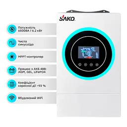 Гібридний інвертор 6.5kVA/6.2kW Sako SUNON V 6.5KVA/6200W/48V+120A MPPT (42-00165) - мініатюра 2