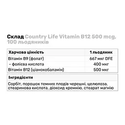 Вітаміни та мінерали Country Life Vitamin B12 500 мкг 100 льодяників - мініатюра 3