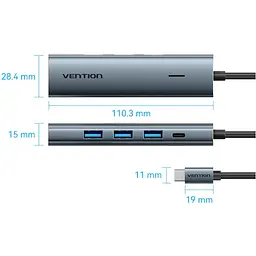 Хаб USB 3.0 Type-C -> 4xUSB 3.0/1xUSB-C, 5Gbps, Чорний Vention - мініатюра 2