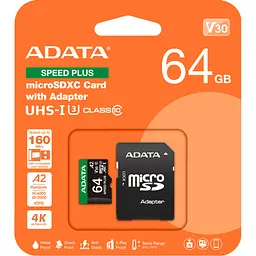 Карта пам'яті ADATA 64GB microSD class 10 UHS-I U3 V30 A2 Speed Plus (UD64GUI3V30A2SP-RA1) - мініатюра 3