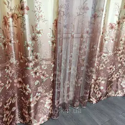 Атласні штори з квітами коричневого кольору 150х270 з тюлистом батистовим 400х270 на тасьме ALBO pbe0052700 - мініатюра 7
