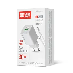 Мережевий зарядний пристрій Colorway GaN Mini 30W PD Port PPS USB (Type-C PD + USB QC4.0) White