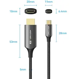 Кабель USB 3.1 Type-C M - HDMI M, 1.8m V2.0 8K 60 Гц Zinc Alloy TPE Чорний Vention - мініатюра 4