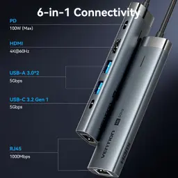 Концентратор Vention USB-C 6-in-1 HDMI + 2xUSB 3.0 + RJ45 + PD 100W (TGNHB) - мініатюра 4