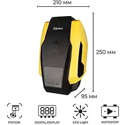 Автокомпресор Gemix Model G black/yellow поршневий з сумкою цифровий манометр функція Autostop ліхтарик 35 л/хв - мініатюра 2