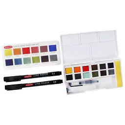 Набір Line and Wash Paint Pan 12 кольорів+пензель з резервуаром+2 лінери Derwent - мініатюра 3