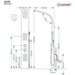 Душова панель Corsan Alto silver LED A017MSLLED, Сірий - мініатюра 3