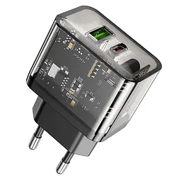 Мережевий зарядний пристрій Hoco N34 Dazzling dual-port PD20W+QC3.0 charger (EU) Transparent Чорний