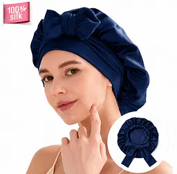 Двошарова шовкова жіноча шапка для сну великого розміру MaryuPHair 100% шовк мульбері з регульованою гумкою та бантом (синій)