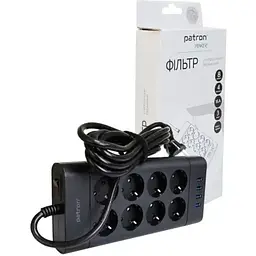 Фільтр мережевий Patron, 8 розеток, 3 м, чорний, 4xUSB (3.1A), 16А, до 4 кВт, вимикач, заземлення, 3x1.5 мм² (SP-1683-USB)
