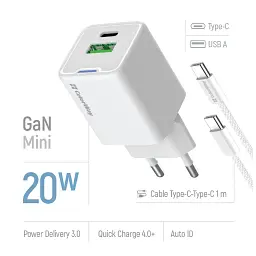 Зарядний пристрій ColorWay C101A GaN Mini 20W PD PPS USB-C + USB-A QC4.0 + cable USB-C to USB-C black (CW-CHS062PDC-WT) - миниатюра 7