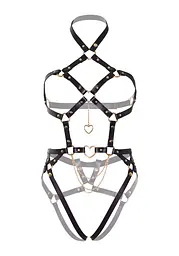 Портупея-тедді з екошкіри Leg Avenue Heart ring harness teddy L, Black, підвіска-сердечко, ланцюги - мініатюра 5