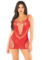 Еротична мінісукня Leg Avenue Lace and Net Mini Dress, Red, One Size, ажурна, відкрита спина - мініатюра 5