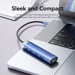 Концентратор Vention USB 3.1 Type-C to HDMI/USB 3.0x3/PD 100W Blue Aluminum Alloy Hub 5-in-1 (TGESB) - мініатюра 3