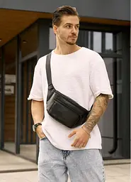 Велика чоловіча шкіряна сумка на пояс бананка Sambag Tirso Max чорна 38 × 17 × 6 см (81341101m)