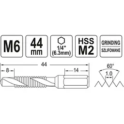 Свердло-мітчик Yato М6х1 мм HSS М2 HEX-1/4 l=44/8 мм (YT-44843) - мініатюра 4
