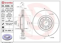 Диск гальмівний передній вентильований Audi A4 B7, A6 C5, A4 B5, C5 94-13р Brembo (09.A598.11)