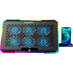 Підставка для ноутбука до 15.6" GamePro CP660, Black, 6 x 70 мм (2400 об/хв), сенсорне RGB підсвічування, 5 рівнів висоти, 2xUSB, знімний тримач для смартфона, металева сітка, 360 x 255 x 25 мм, 900 г - мініатюра 2