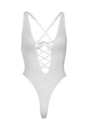 Мереживне боді Leg Avenue Floral lace thong teddy White, шнурівка на грудях, one size - мініатюра 8