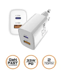 Мережевий зарядний пристрій Sigma mobile X-power 33W GaN, PD, QC (1xUSB-C + 1xUSB-A) Білий (PS33-01) - мініатюра 3