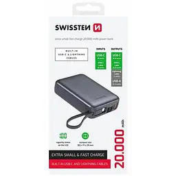 Батарея універсальна Swissten 20000mAh SPACE 22/5W PD QC w/built-in cables USB-C/LIGHTNING Silver (8595217490598) - мініатюра 2