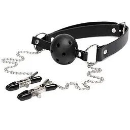 BDSM-аксесуар кляп із затискачами для сосків Чорний K000766