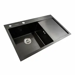 Кухонна мийка чорна PVD 78x48 L Platinum Handmade (два отвори, круглий сифон 3,0/0,8), Чорний - мініатюра 3