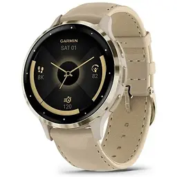 Смарт-годинник Garmin Venu 3S корпус кольору французький сірий зі золотистим сталевим безелем та сірим шкіряним ремінцем