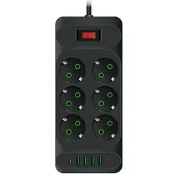 Мережевий фільтр-подовжувач Voltronic 33U, 6 розеток EU + 4xUSB + 2xPD, 2 м, 3×0,75 мм, 2500 Вт, чорний - мініатюра 1