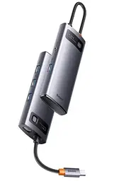 Хаб USB Metal Gleam, Grey, Type-C 3.0 - 1xType-C (15 Вт) / 4xUSB 3.0, кабель 15 см Baseus teh0027580