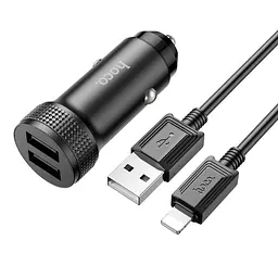 Адаптер автомобільний HOCO Lightning Cable Level dual port car charger Z49 комплект чорний - мініатюра 2