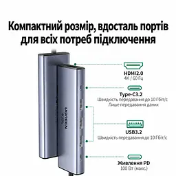 Док-станція USB-C UGREEN CM511 хаб 6 в 1 HDMI 4K 60 Гц / 2K 144 Гц / 1080p 240 Гц 3 USB-A та 1 USB-C для даних до 10 Гбіт/с вхід USB-C PD 3.0 до 100 Вт заряджання ноутбука до приблизно 85 Вт максимальна потужність із зарядним пристроєм USB-C PD 100 Вт Windows/macOS/Linux HDR Mac серії M смартфони й планшети з повнофункціональним USB-C захист від перенапруги перевантаження й короткого замикання алюмінієвий корпус кабель приблизно 20 см космічний сірий (45031) - мініатюра 2