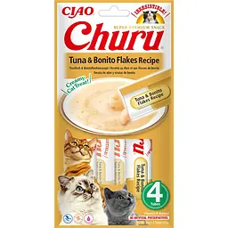 Вологі ласощі для котів INABA Churu вершковий мус в стіках тунець з пластівцями боніто 4 шт по 14 г
