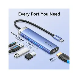 Концентратор Vention USB 3.1 Type-C to HDMI/USB 3.0x3/PD 100W Blue Aluminum Alloy Hub 5-in-1 (TGESB) - мініатюра 4