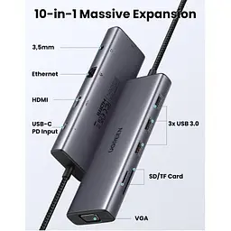 Концентратор Ugreen USB3.1 Type-C to HDMI/VGA/USB 3.0х3/RJ45/SD/TF/PD/35мм TRRS 100W 10-in-1 (15601) - мініатюра 3