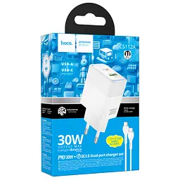 Мережевний зарядний пристрій Hoco CS112A Lounge PD30W+QC3.0 1USB-A/1C + кабель Type-C to Type-C White - мініатюра 4