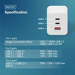 Зарядний пристрій 2хUSB-C, 1хUSB-A DIGITUS GaN 100W - мініатюра 3
