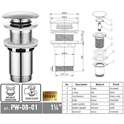 Донний клапан для раковини Koer PW-08-01 без переливу автоматичний Click-Clack 1 1/4″ Хром KR5786 - мініатюра 10