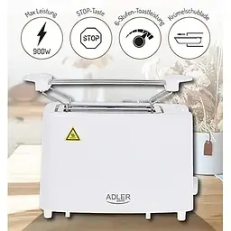 Електричний тостер Adler AD 3223 білий 900 Вт, 2 відділення, регулювання підсмаження, решітка для булочок - мініатюра 8