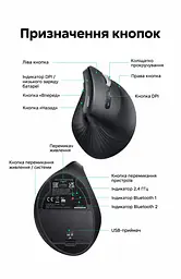 Бездротова вертикальна миша UGREEN MU008mini Bluetooth 5.0 2,4 ГГц із комплектним USB-A наноприймачем 5 рівнів чутливості до 4000 DPI потрібна 1 батарейка AA не входить до комплекту для малих і середніх рук перемикання між 3 пристроями тихі натискання кнопки вперед і назад автоматичний сон зберігання приймача всередині миші чорна зі сріблястими вставками (85765) - мініатюра 2