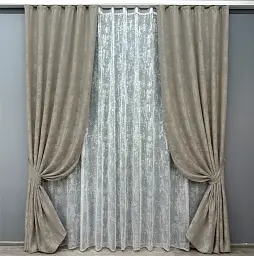 Комплект штор с тюлем VR-Textil Жаккард Мрамор, капучино с белым, 2 шторы 200×270 см + тюль 500×270 см, арт. 71-004/6