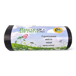 Пакети для сміття, 120 л, 10 шт, чорний, Власне виробництво, LD поліетилен, для великих баків, прибирання території