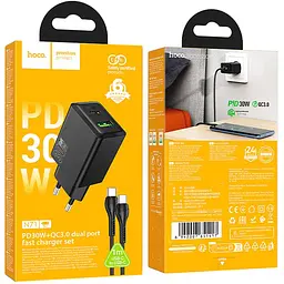 МЗП Hoco N71 Nuevo PD30W+QC3.0 (1USB-A/1C) + кабель Type-C to Type-C Black - мініатюра 2