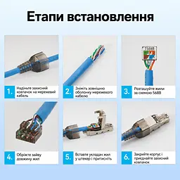 Модульний мережевий штекер Vention конектор RJ45 Cat.6A FTP до 10 Гбіт/с із закріпленням жил без інструментів для жил 23–26 AWG багаторазового використання з укладачем жил T568B з отворами для окремих жил діаметром 1,6 мм із захисним хвостовиком для підрізання під діаметр кабелю із позолоченими контактами сріблястий із напівпрозорими темно-сірими елементами (IDIH0) - мініатюра 3