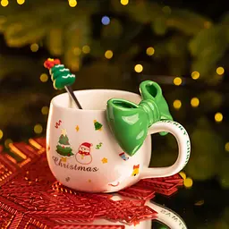Чашка порцелянова Christmas Ribbon 400 мл з ложкою, зелений  FM-CS-19B - мініатюра 3