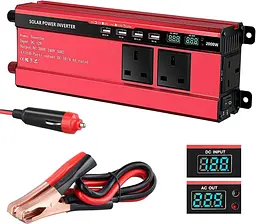 Автомобільний інвертор 2000 Вт 12V–240V з LED дисплеєм, 3 UK розетки та 4 USB