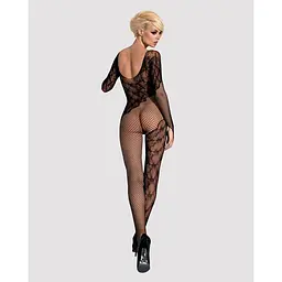 Бодістокінг Obsessive Bodystocking F210 S/M/L Black, рукава-мітенки, сітка, кольорове мереживо - мініатюра 4