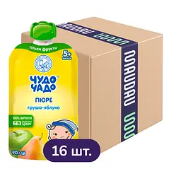 Упаковка пюре Чудо-Чадо Груша и Яблоко без сахара пауч 1.44 кг (90 г х 16 шт.)