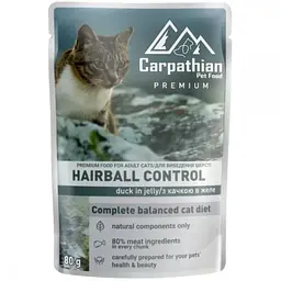 Вологий корм для котів Carpathian Pet Food Hairball control з качкою в желе для виведення шерсті 80 г